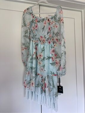 Takara Boho Festival Light Blue Pink Floral Smocked Mini Dress